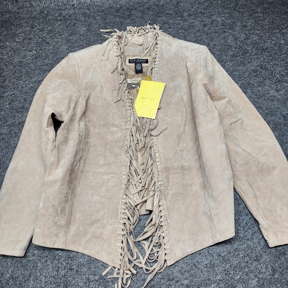 Dialogue Womens Suede Leather Tan Fringe Jacket Western Boho Cowgirl Large NWT
